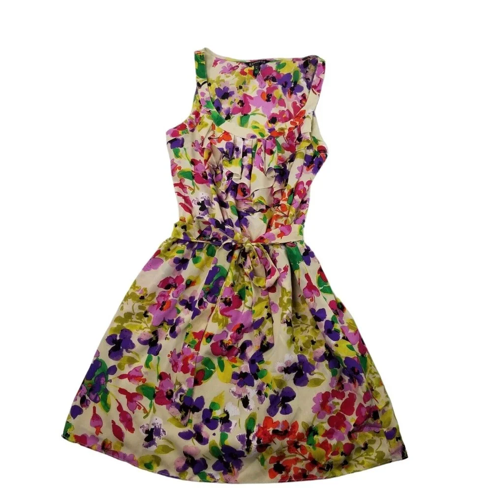 Express Dress Floral Knee Length Belted Sundress Womens Sz M  Ruffle Bib Pockets - Picture 10 of 16
